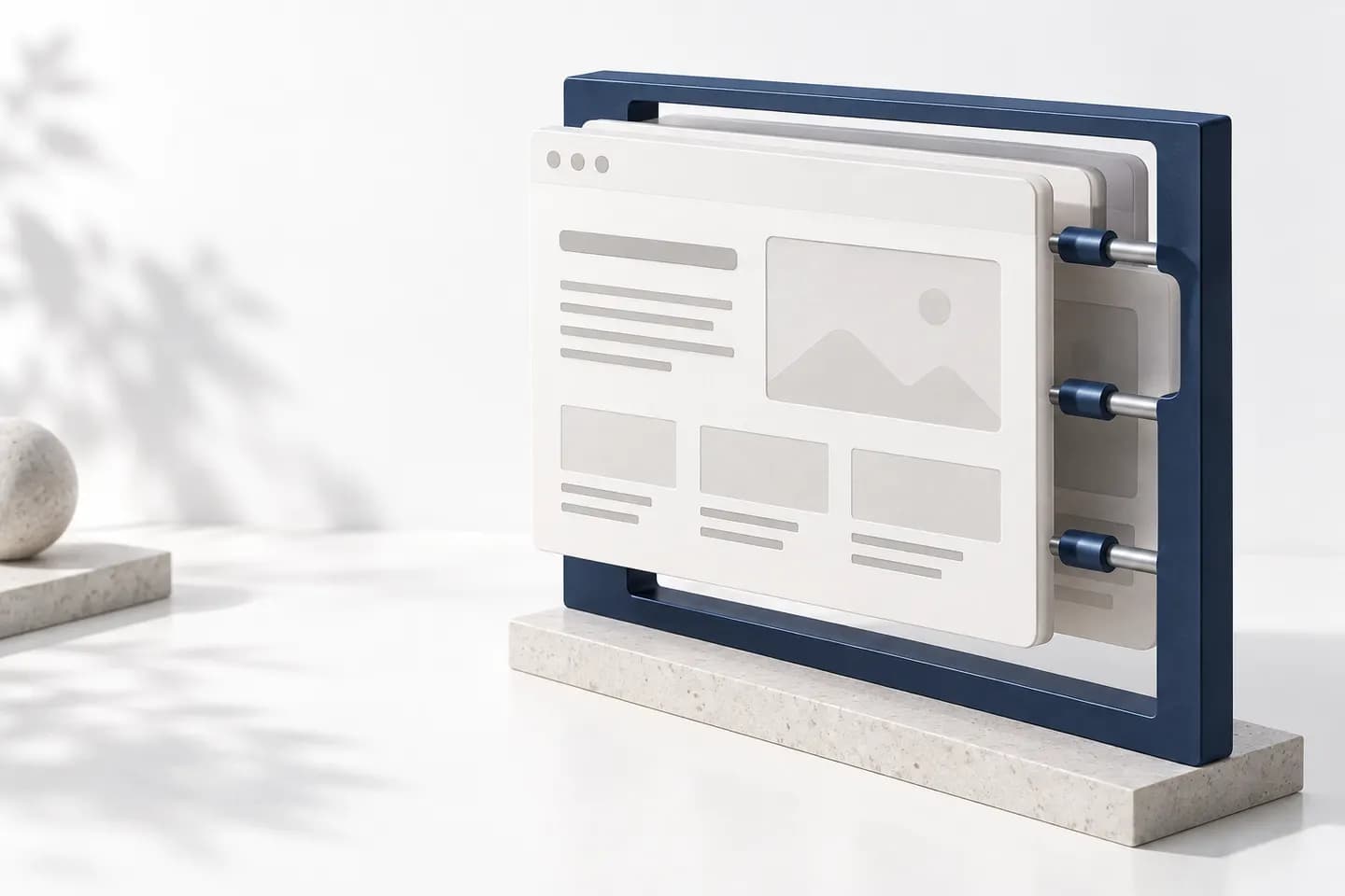 Conceptual website layers held within a navy frame, illustrating continuity and care