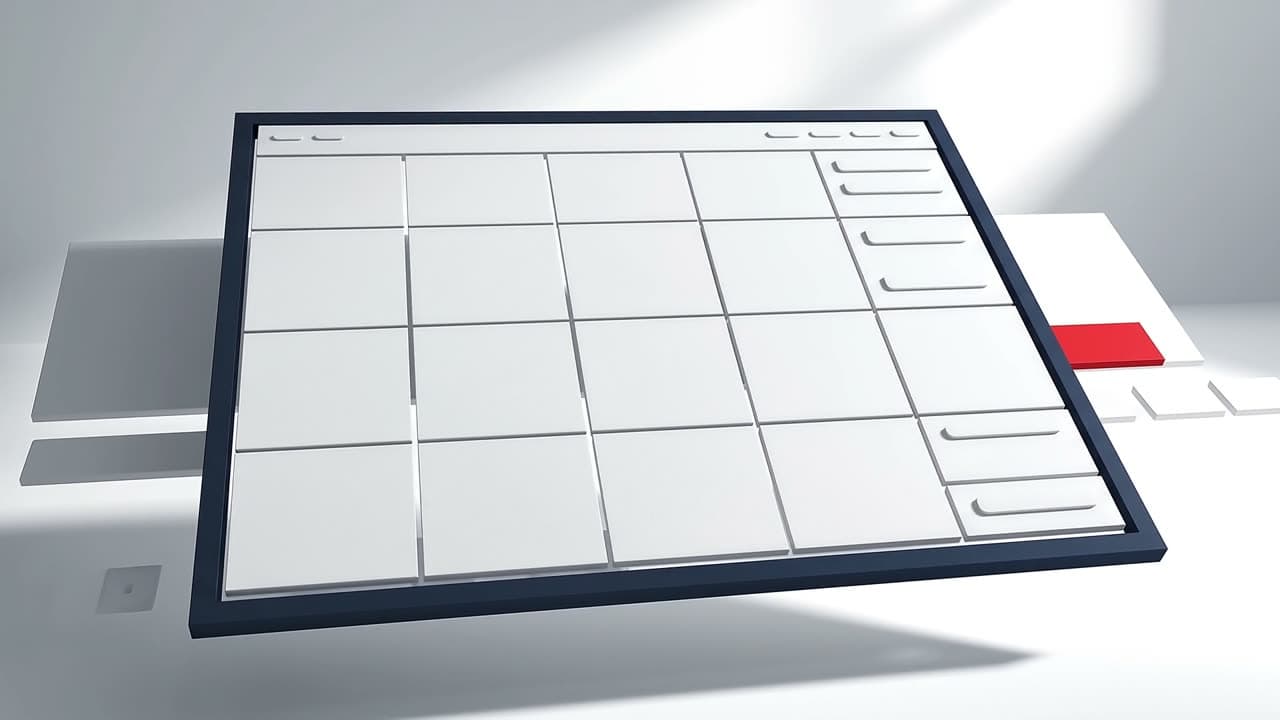 Concept render: white website sections assembling inside a navy frame